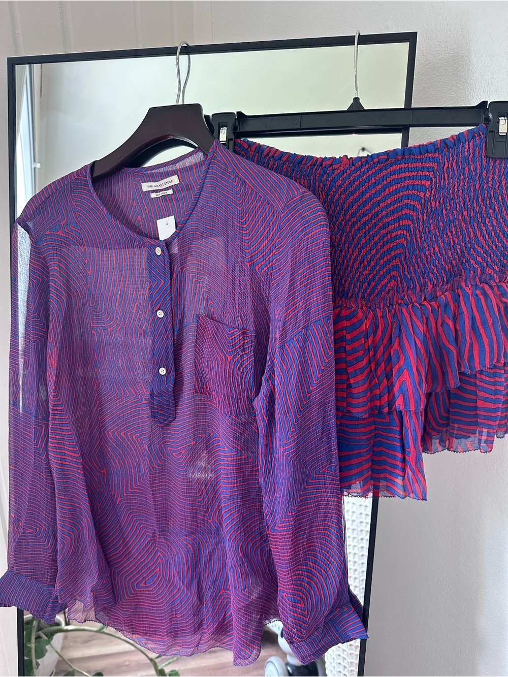 Isabel Marant Purple and Fuchsia Sheer Blouse & Smocked Skirt Set